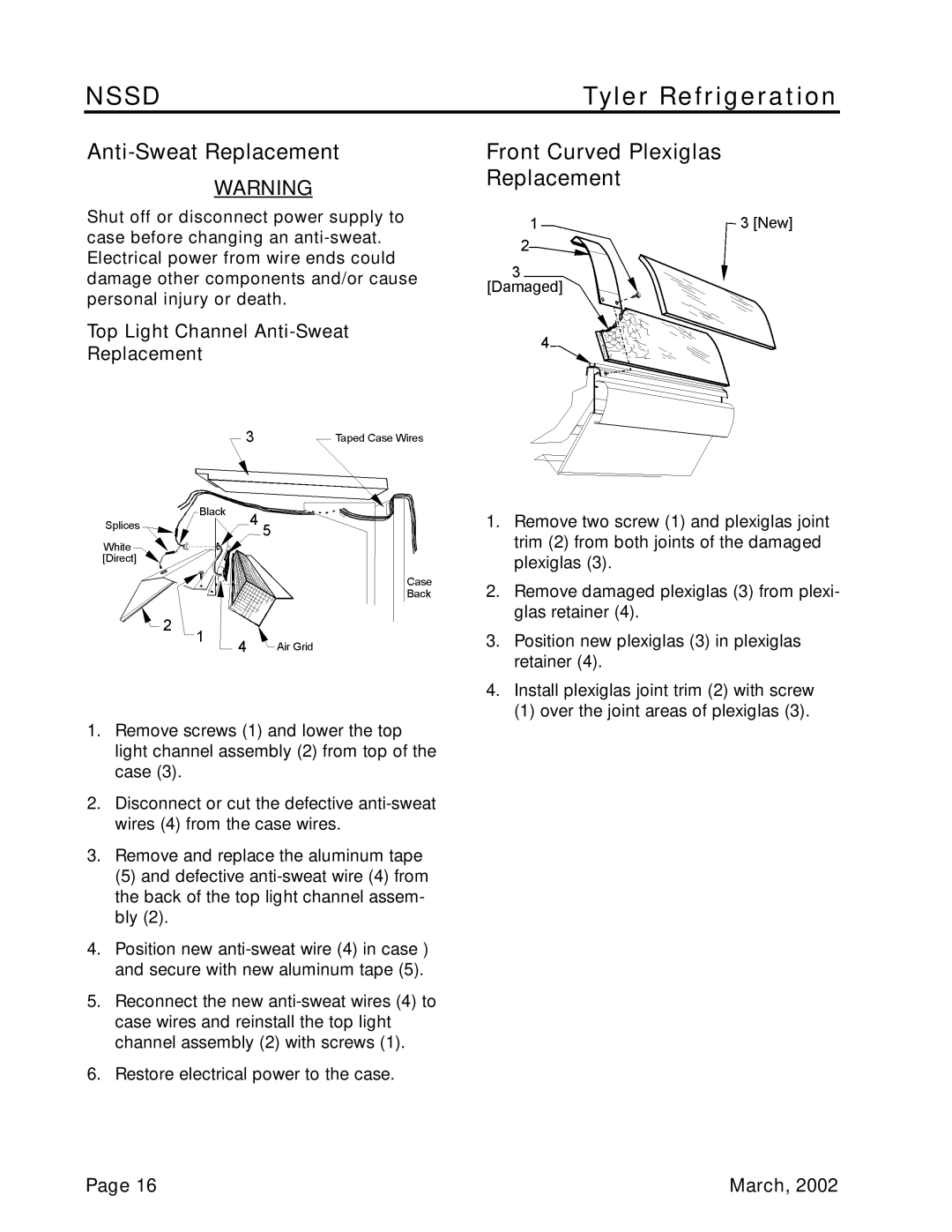 Tyler Refrigeration NSSD service manual Anti-Sweat Replacement, Front Curved Plexiglas Replacement 