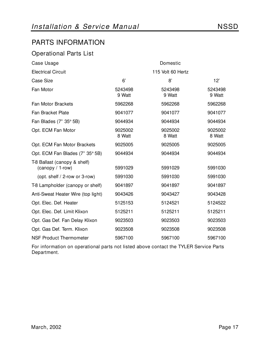 Tyler Refrigeration NSSD service manual Parts Information, Operational Parts List 