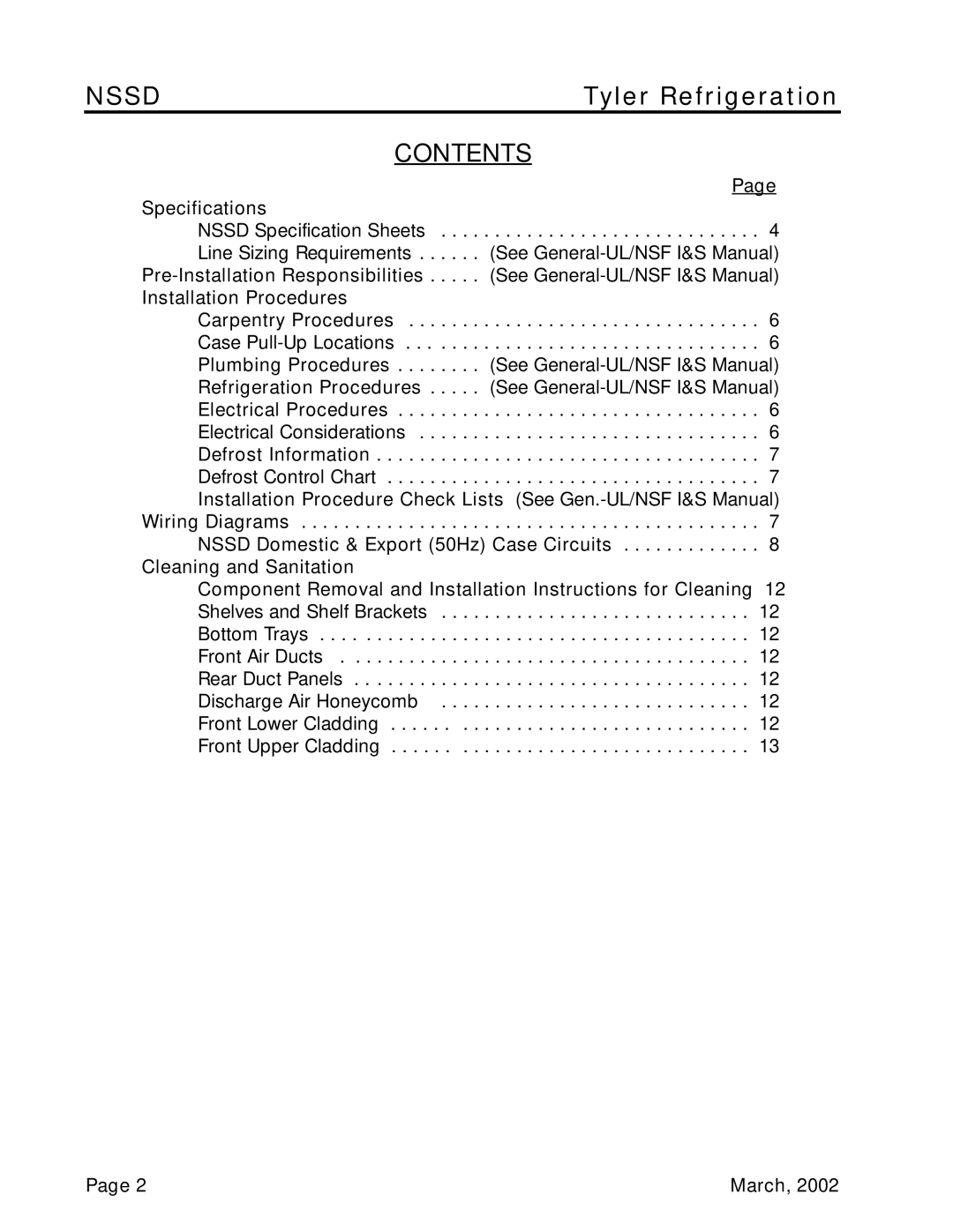 Tyler Refrigeration NSSD service manual Contents 