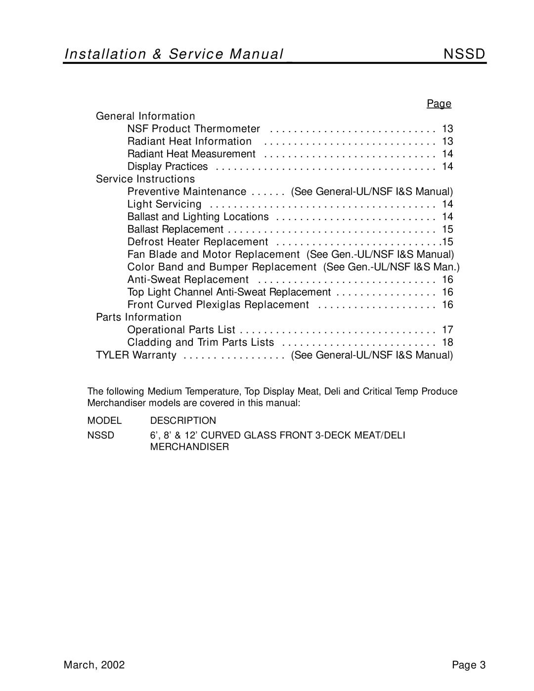 Tyler Refrigeration NSSD service manual Nssd, Page General Information, Service Instructions, Parts Information, March 