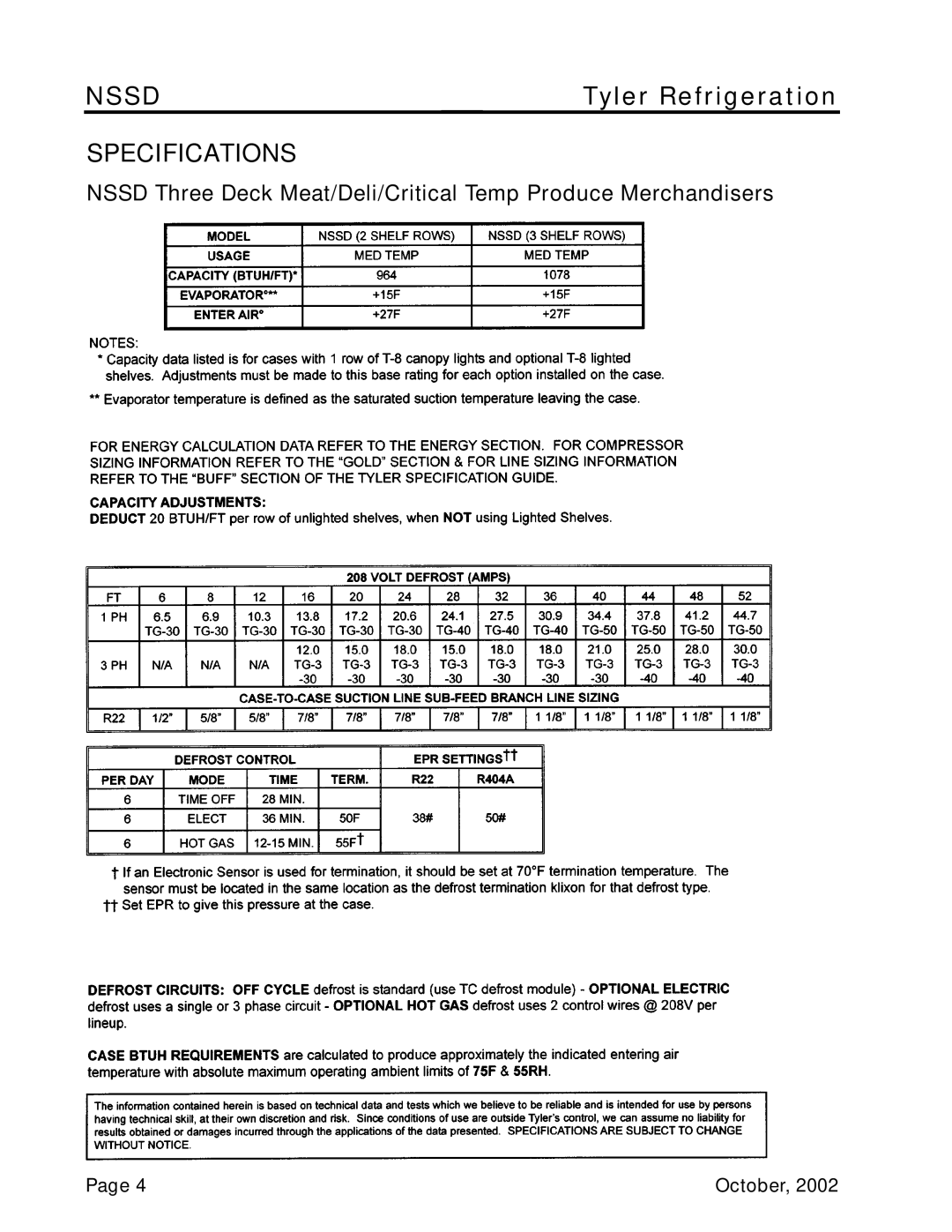 Tyler Refrigeration NSSD service manual Specifications, Nssd, Tyler Refrigeration, Page, October 
