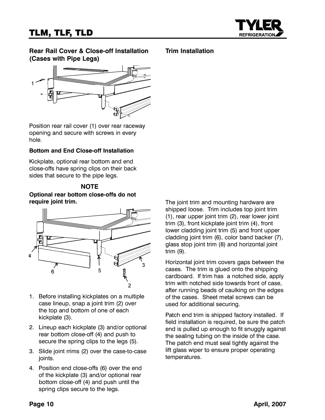 Tyler Refrigeration TLD Bottom and End Close-off Installation, Optional rear bottom close-offs do not require joint trim 