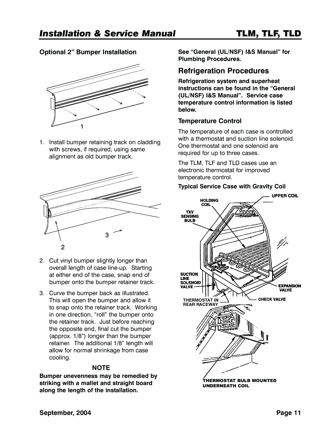 Tyler Refrigeration TLM, TLF, TLD Refrigeration Procedures, Optional 2 Bumper Installation, Temperature Control 