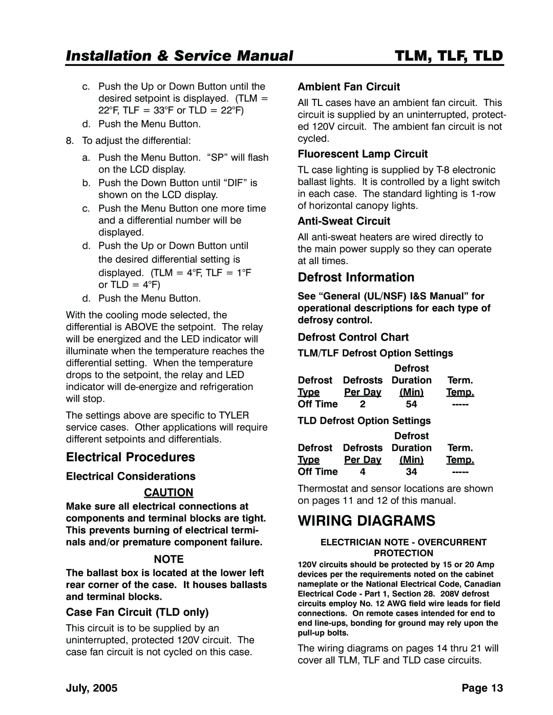 Tyler Refrigeration TLD, TLF, TLM service manual Wiring Diagrams, Electrical Procedures, Defrost Information 