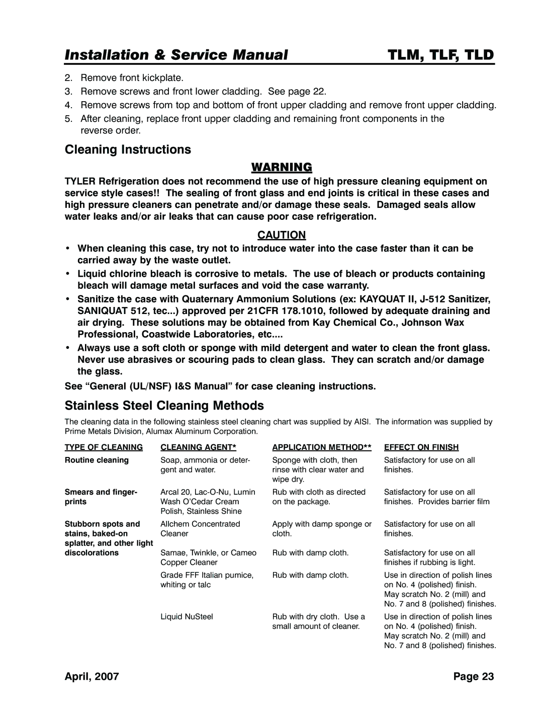 Tyler Refrigeration TLM, TLF, TLD service manual Cleaning Instructions, Stainless Steel Cleaning Methods 