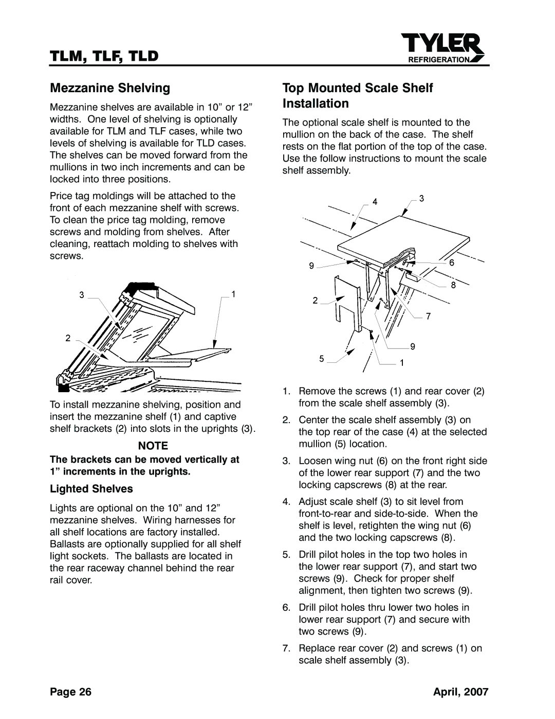 Tyler Refrigeration TLM, TLF, TLD service manual Mezzanine Shelving, Top Mounted Scale Shelf Installation, Lighted Shelves 
