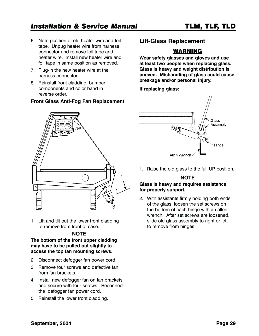 Tyler Refrigeration TLM, TLF, TLD service manual Lift-Glass Replacement, Front Glass Anti-Fog Fan Replacement 