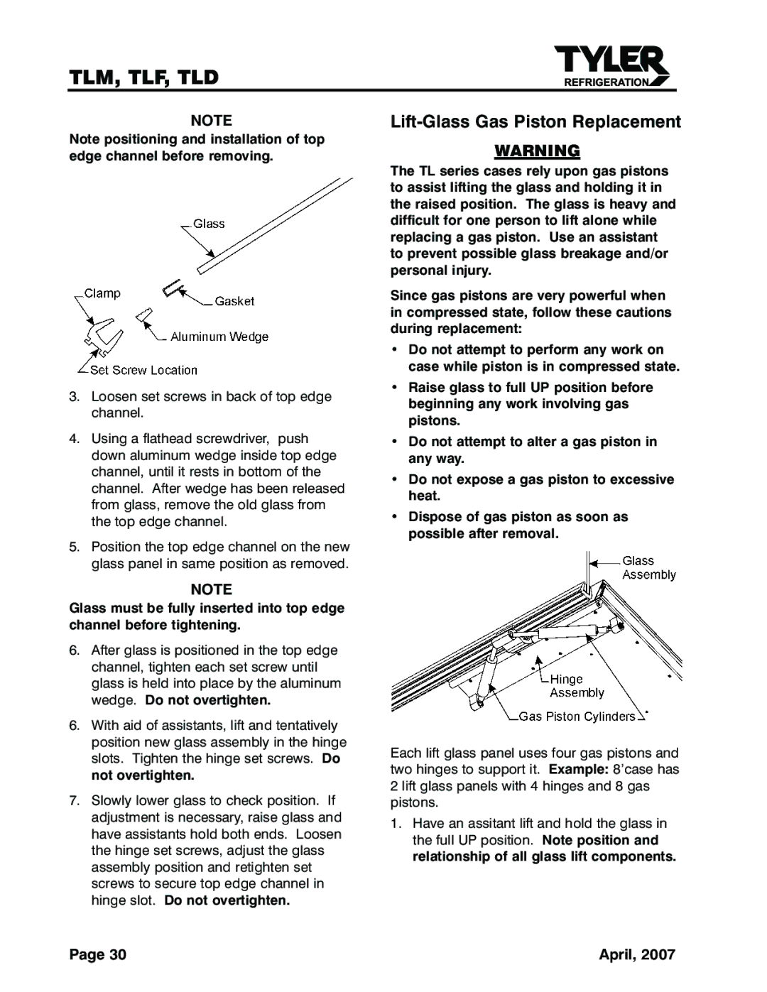 Tyler Refrigeration TLF, TLD, TLM service manual Lift-Glass Gas Piston Replacement 