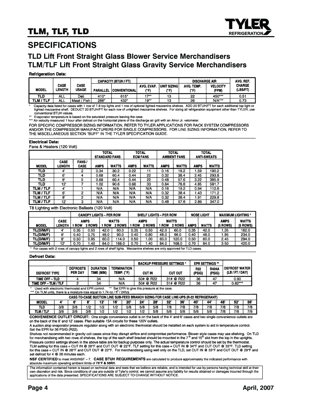 Tyler Refrigeration service manual TLM, TLF, TLD Specifications 