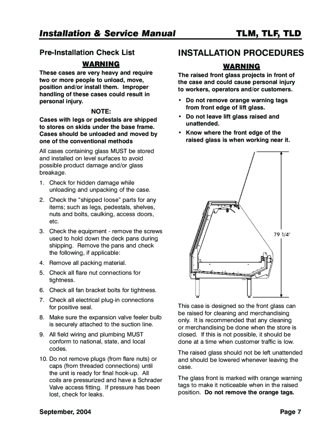 Tyler Refrigeration TLD, TLF, TLM service manual Installation Procedures, September 