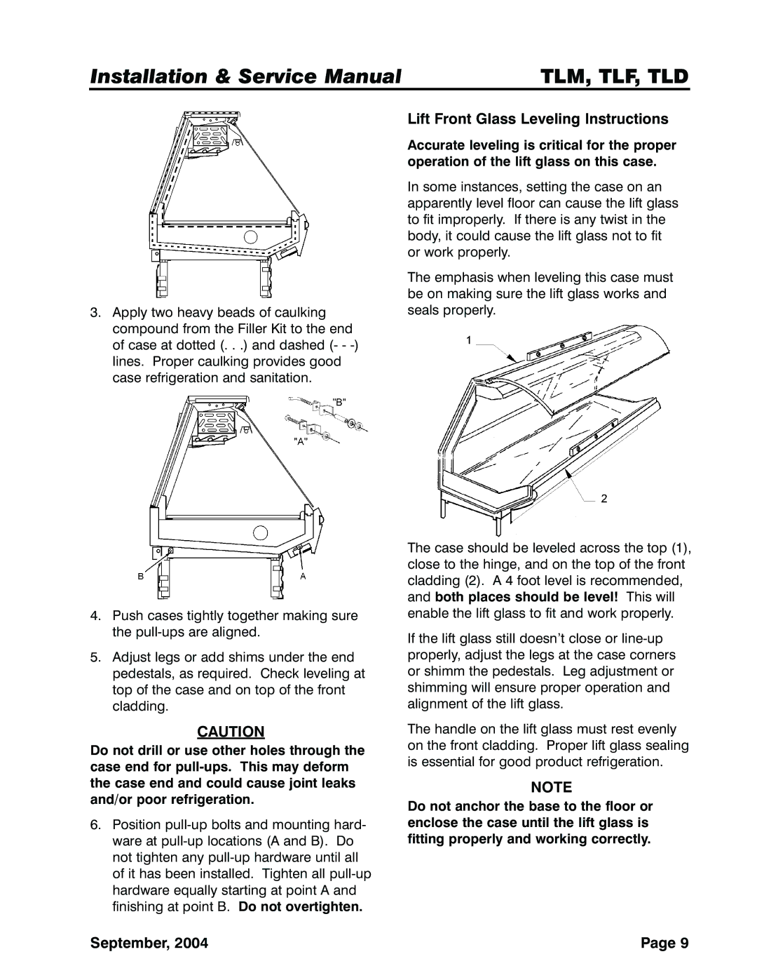 Tyler Refrigeration TLF, TLD, TLM service manual Lift Front Glass Leveling Instructions 