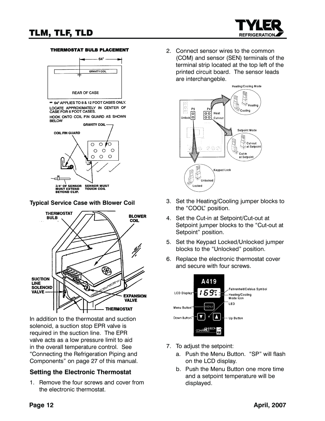 Tyler Refrigeration TLF, TLD, TLM service manual Tlm, Tlf, Tld, Setting the Electronic Thermostat, Page, April 