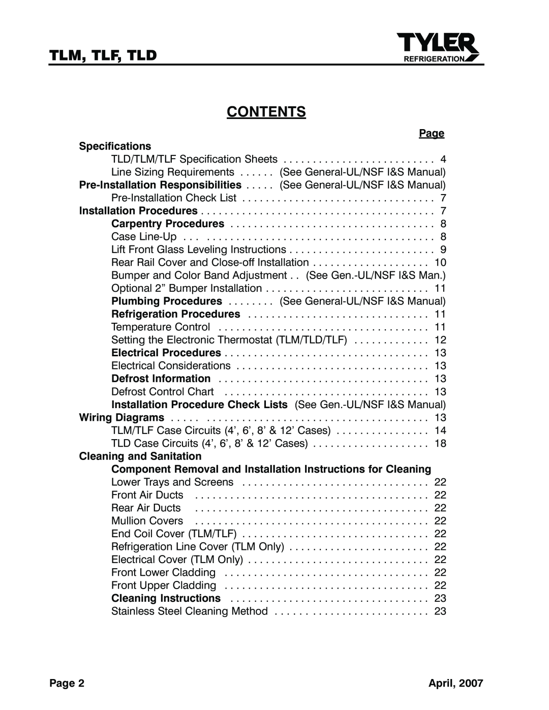 Tyler Refrigeration TLM, TLF, TLD service manual Tlm, Tlf, Tld, Contents 