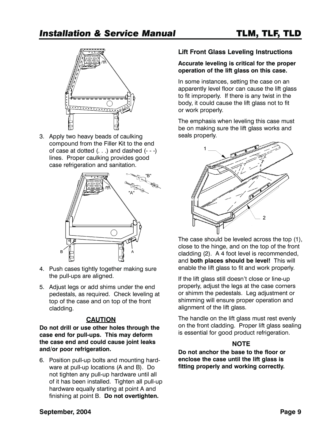 Tyler Refrigeration TLF, TLD, TLM service manual Tlm, Tlf, Tld, Lift Front Glass Leveling Instructions, September, Page 