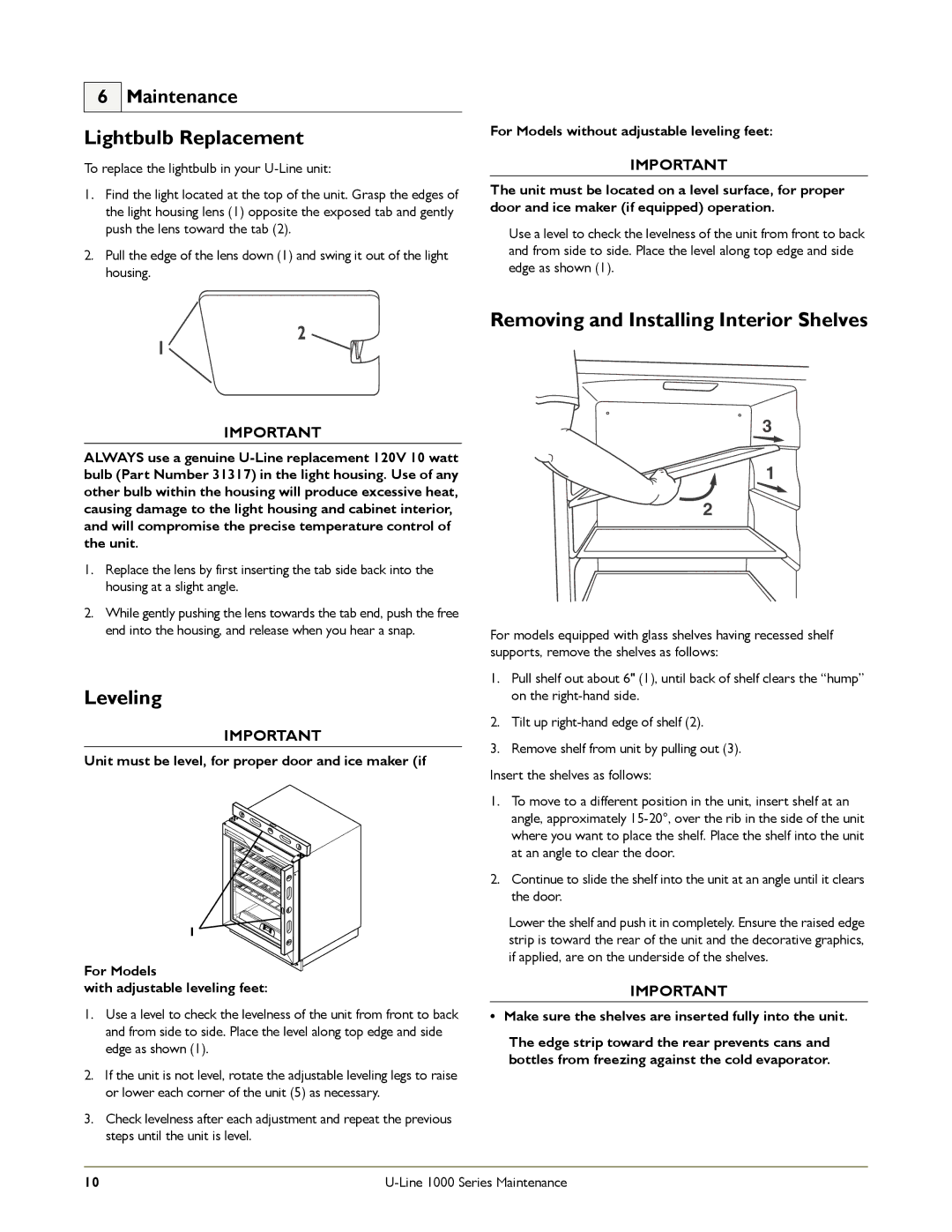 U-Line 1000 manual Lightbulb Replacement, Leveling, Maintenance 