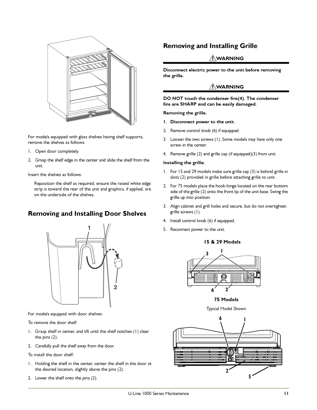 U-Line 1000 Removing and Installing Door Shelves, Removing and Installing Grille, Installing the grille, 15 & 29 Models 