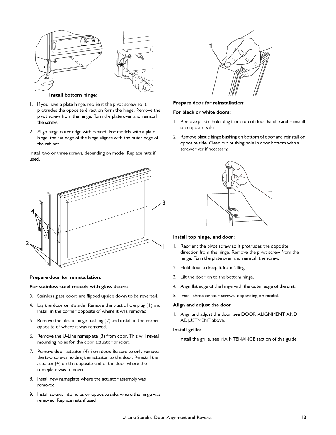 U-Line 1000 Install bottom hinge, Prepare door for reinstallation For black or white doors, Install top hinge, and door 