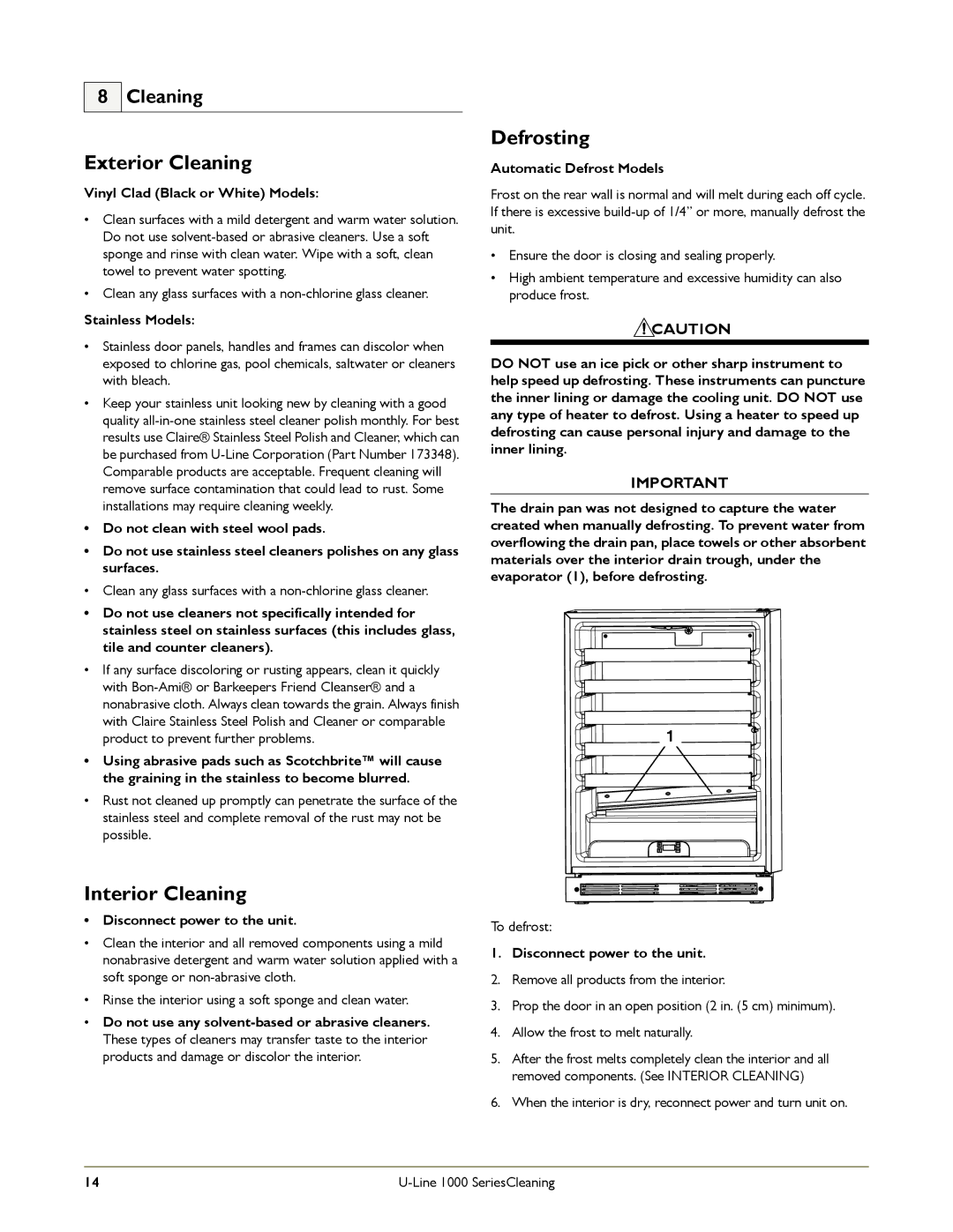 U-Line 1000 manual Exterior Cleaning, Interior Cleaning, Defrosting 