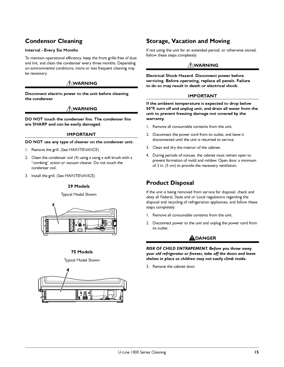 U-Line 1000 manual Condensor Cleaning, Storage, Vacation and Moving, Product Disposal, Interval Every Six Months 