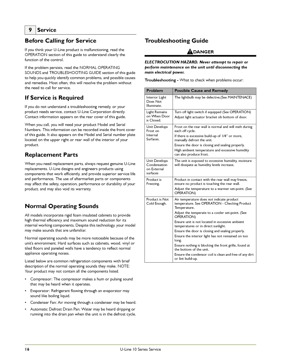 U-Line 1000 manual Before Calling for Service, If Service is Required, Replacement Parts, Normal Operating Sounds 