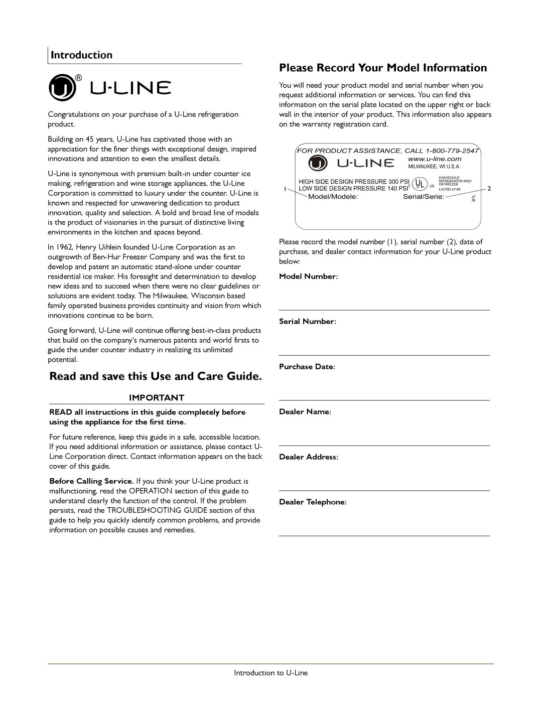 U-Line 1000 manual Read and save this Use and Care Guide, Please Record Your Model Information, Introduction 