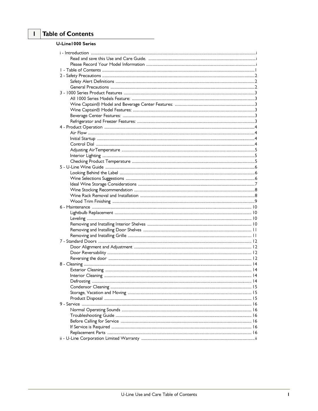 U-Line 1000 manual Table of Contents 