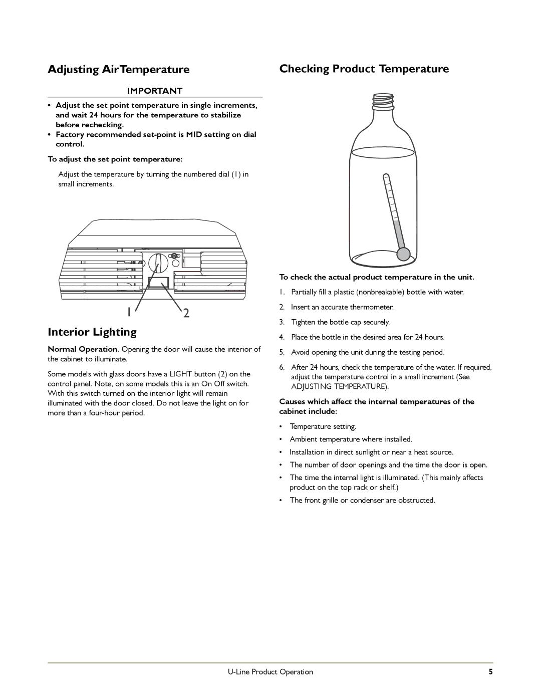 U-Line 1000 manual Adjusting AirTemperature, Interior Lighting, Checking Product Temperature 