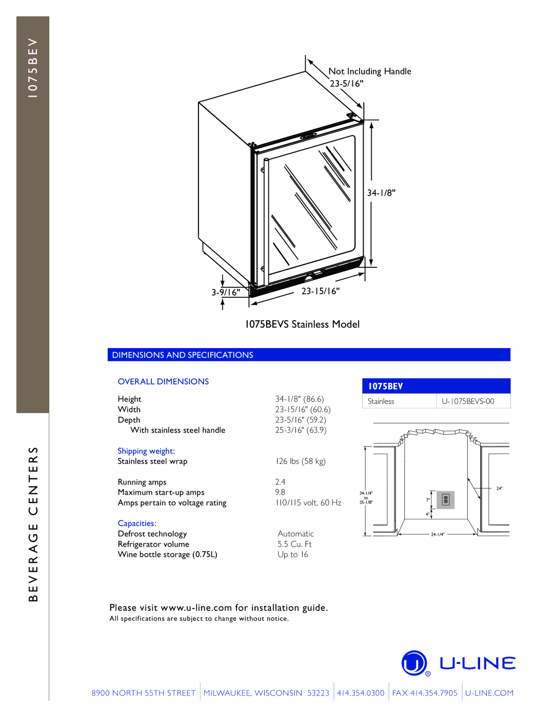 U-Line manual 1075BEVS Stainless Model, Dimensions and Specifications, Shipping weight, Capacities 