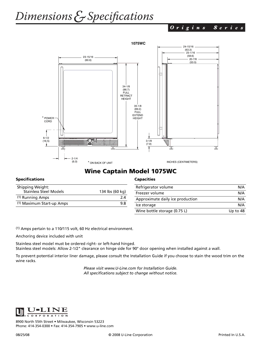 U-Line 1075WC manual Dimensions &Speciﬁcations 