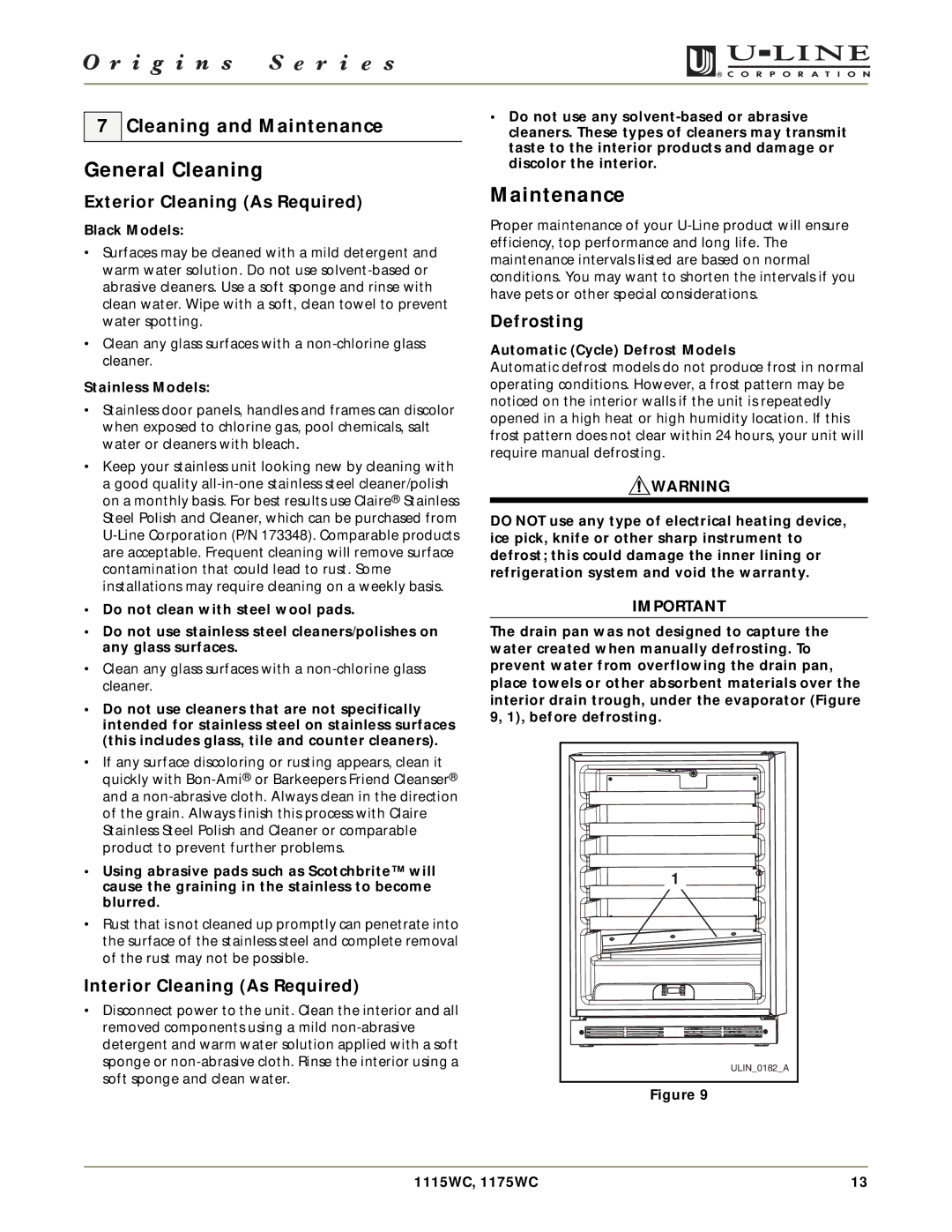 U-Line 1175WC, 1115WC manual General Cleaning, Cleaning and Maintenance 