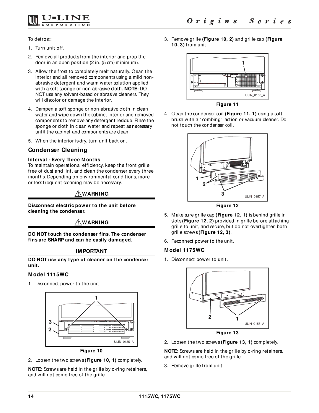 U-Line 1115WC, 1175WC manual Condenser Cleaning, Interval Every Three Months 