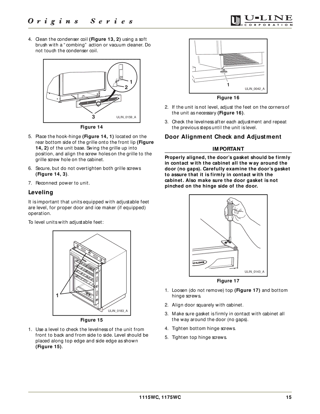 U-Line 1175WC, 1115WC manual Leveling, Door Alignment Check and Adjustment 