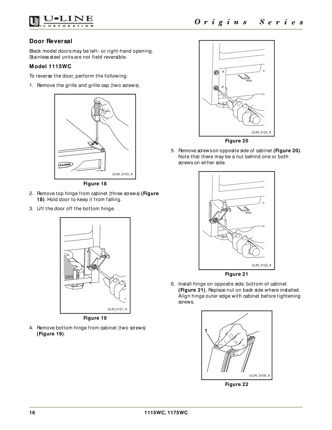 U-Line 1115WC, 1175WC manual Door Reversal 