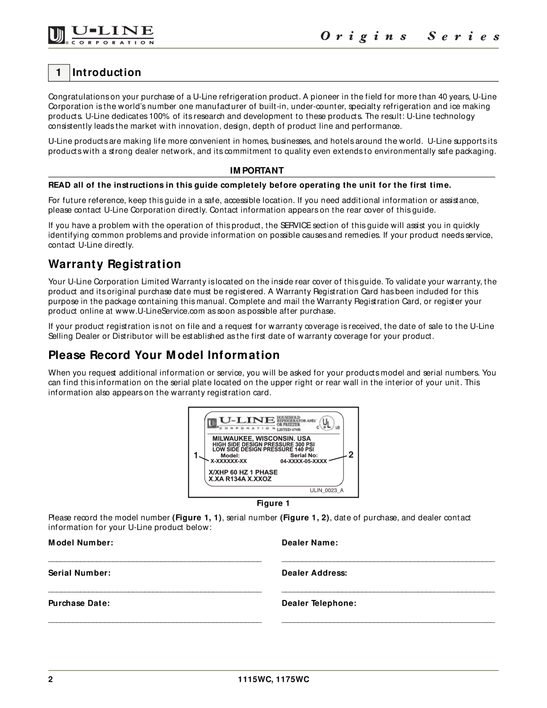 U-Line 1115WC, 1175WC manual Warranty Registration, Please Record Your Model Information, Introduction 