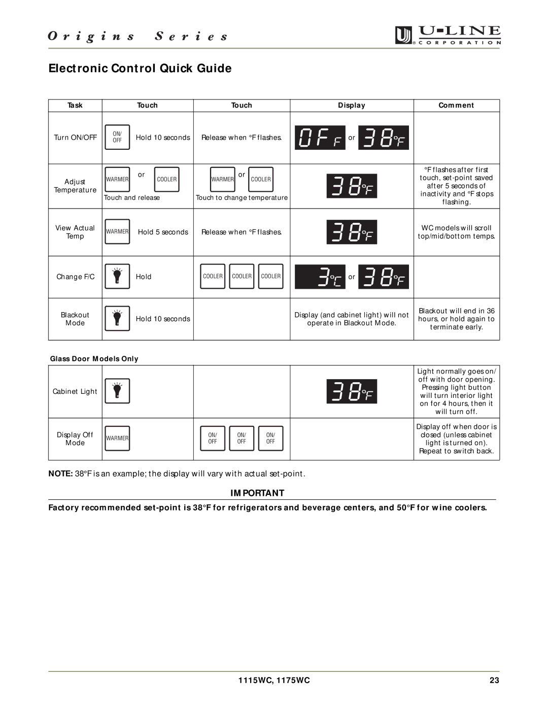 U-Line 1175WC, 1115WC manual Electronic Control Quick Guide, Task Touch Display Comment 