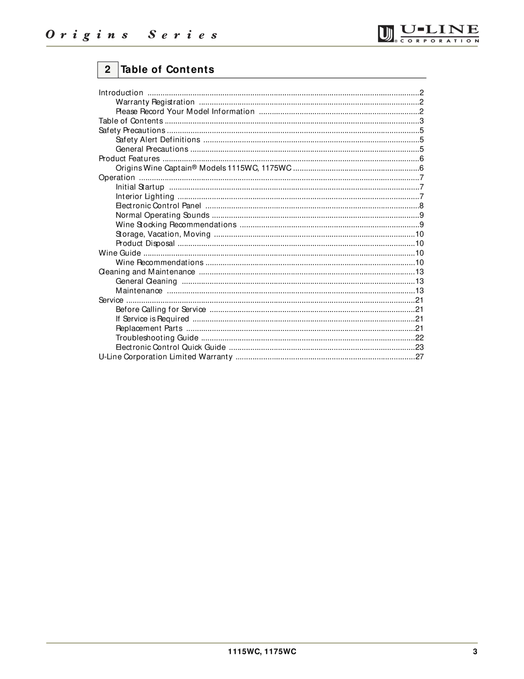 U-Line 1175WC, 1115WC manual Table of Contents 