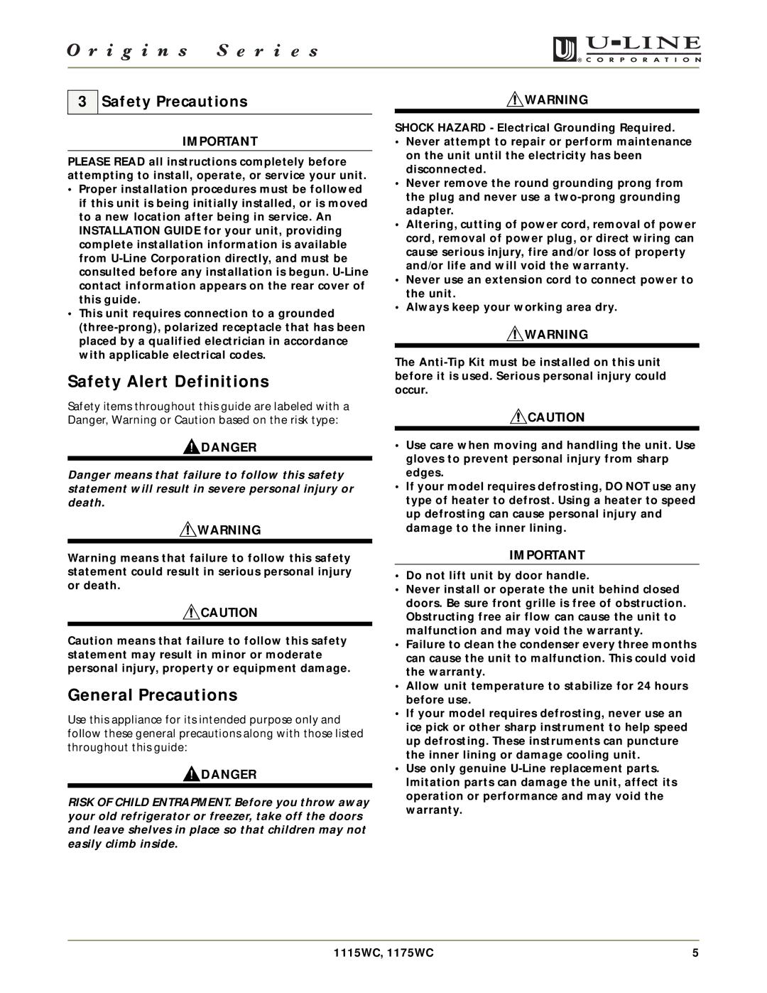 U-Line 1175WC, 1115WC manual Safety Alert Definitions, General Precautions, Safety Precautions 