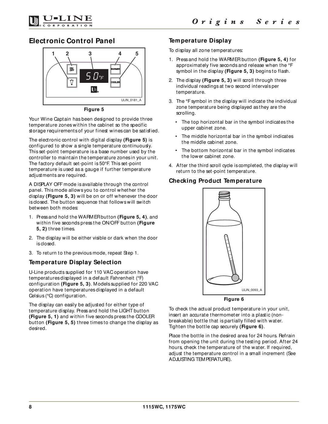 U-Line 1115WC, 1175WC manual Electronic Control Panel, Temperature Display Selection, Checking Product Temperature 