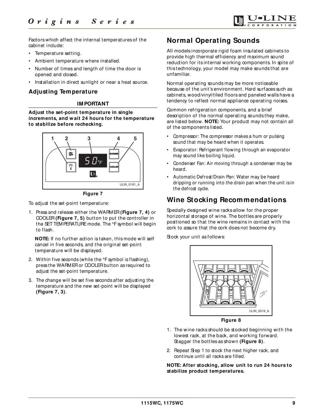 U-Line 1175WC, 1115WC manual Normal Operating Sounds, Wine Stocking Recommendations, Adjusting Temperature 