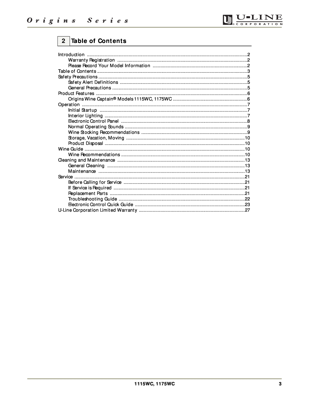 U-Line manual Table of Contents, 1115WC, 1175WC 