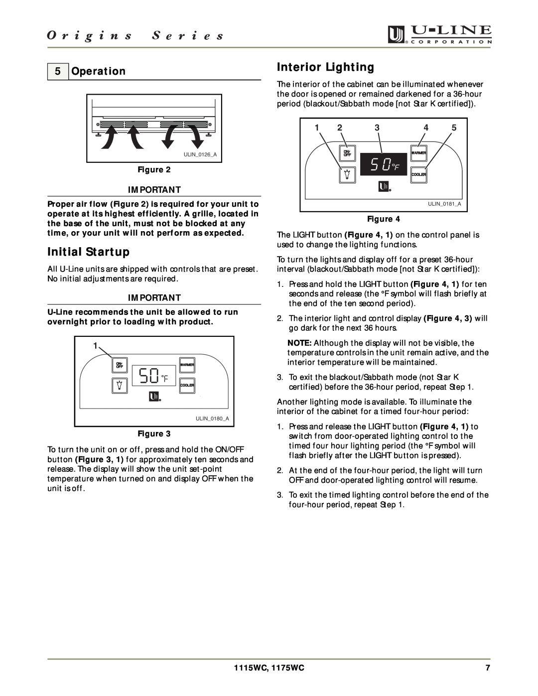 U-Line manual Initial Startup, Interior Lighting, Operation, 1115WC, 1175WC 
