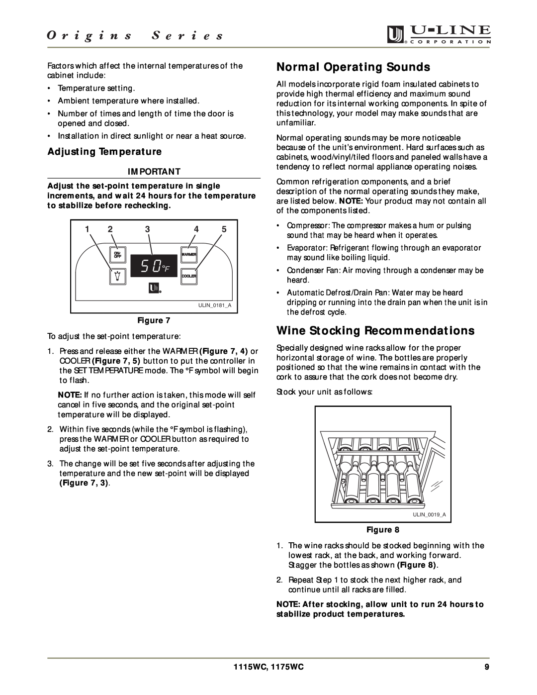 U-Line manual Normal Operating Sounds, Wine Stocking Recommendations, Adjusting Temperature, 1115WC, 1175WC 