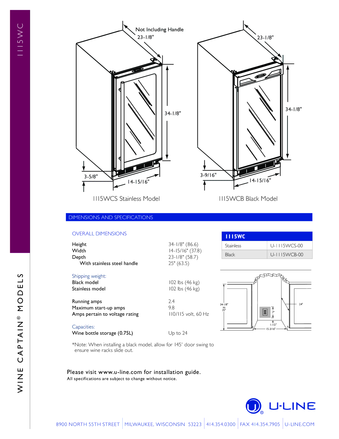 U-Line 1115WC manual Shipping weight, Capacities 