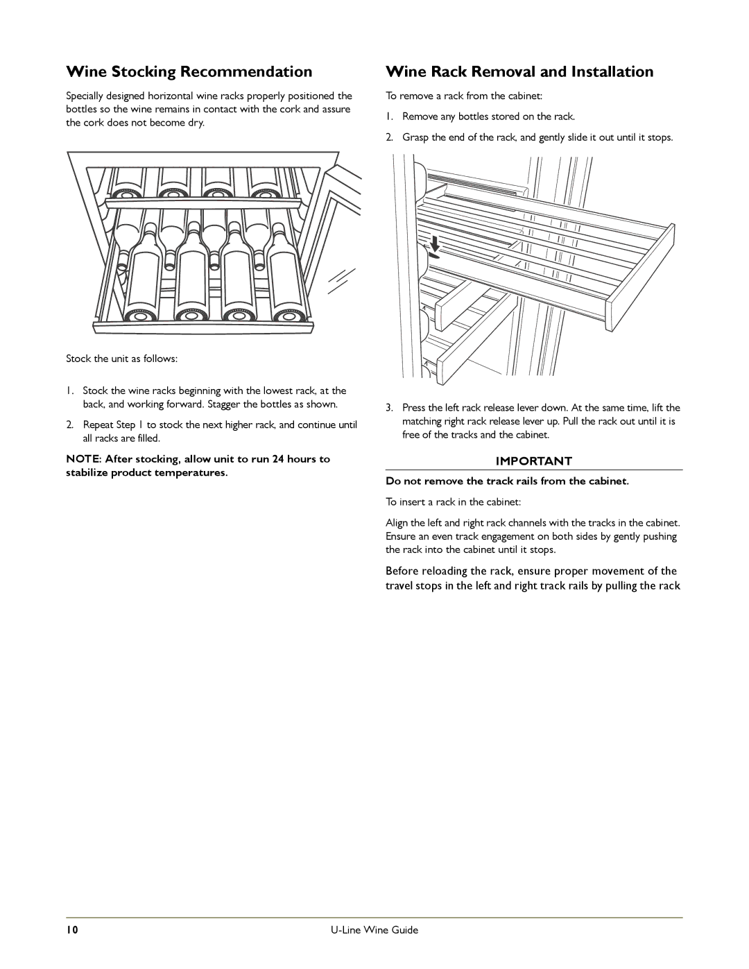 U-Line 1175WC manual Wine Stocking Recommendation, Wine Rack Removal and Installation 