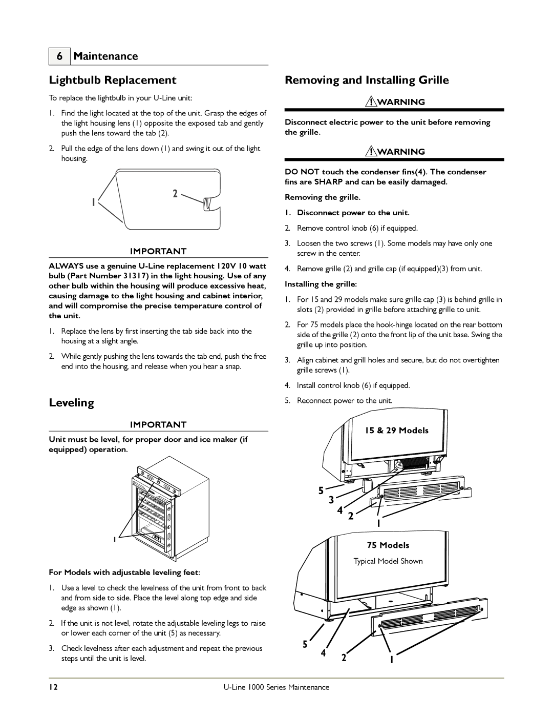 U-Line 1175WC manual Lightbulb Replacement, Removing and Installing Grille, Leveling, Maintenance, Installing the grille 