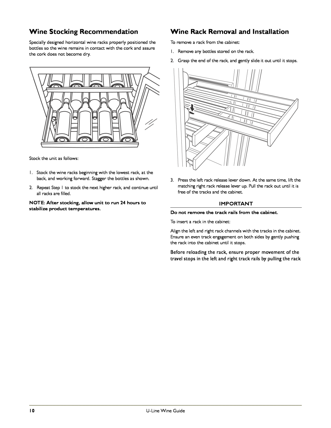 U-Line 1175WC manual Wine Stocking Recommendation, Wine Rack Removal and Installation 