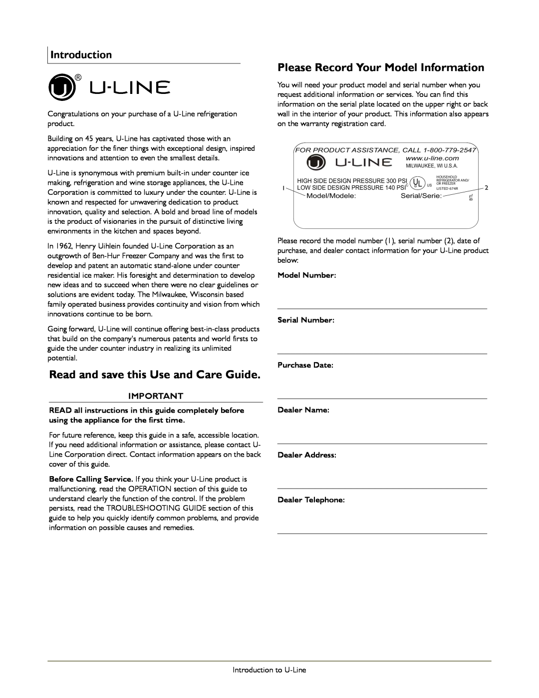 U-Line 1175WC Read and save this Use and Care Guide, Please Record Your Model Information, Introduction, Model Number 