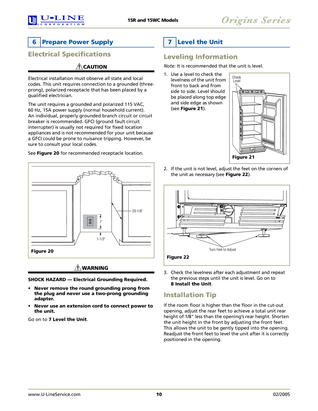 U-Line 15WC, 15R Electrical Specifications, Leveling Information, Installation Tip, Prepare Power Supply, Level the Unit 