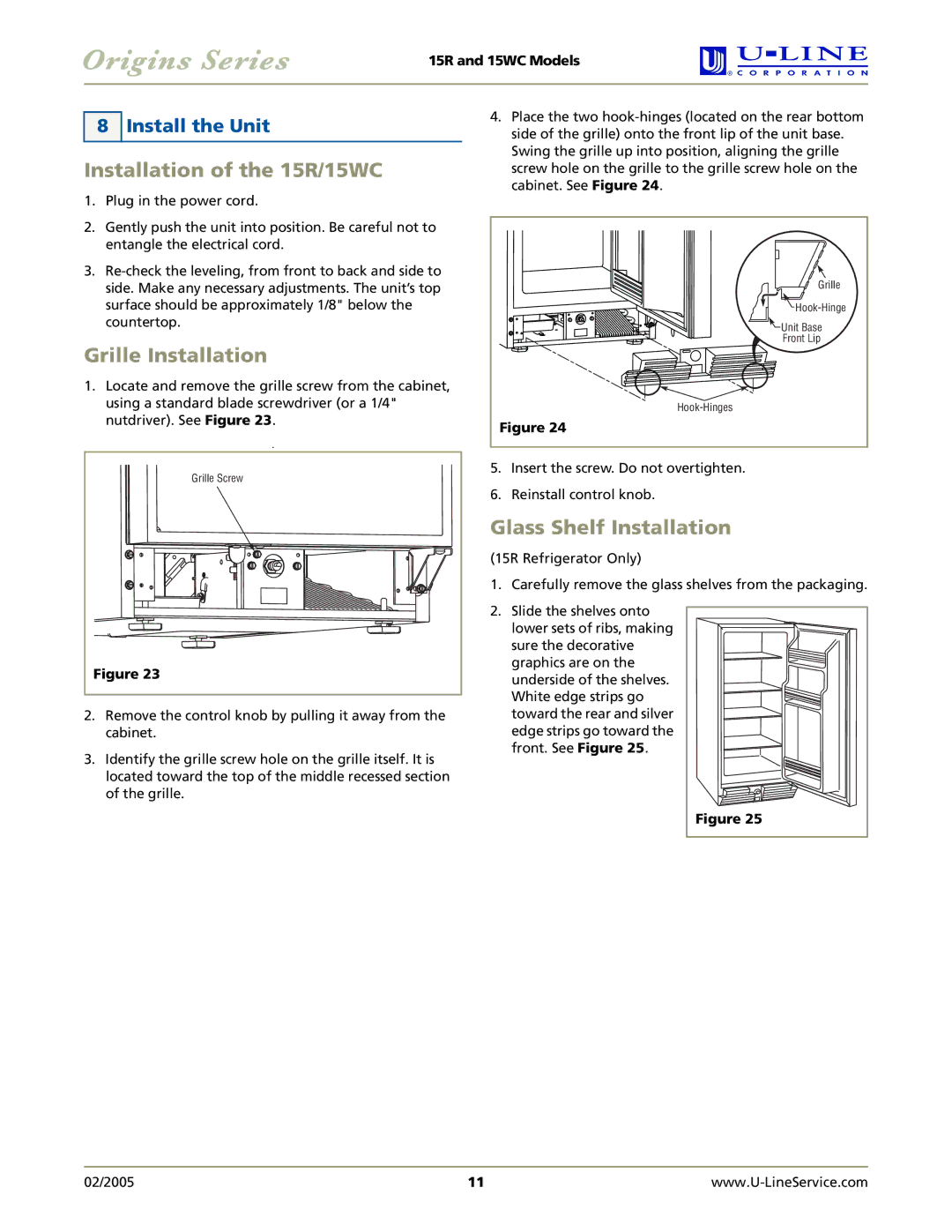 U-Line manual Installation of the 15R/15WC, Grille Installation, Glass Shelf Installation, Install the Unit 