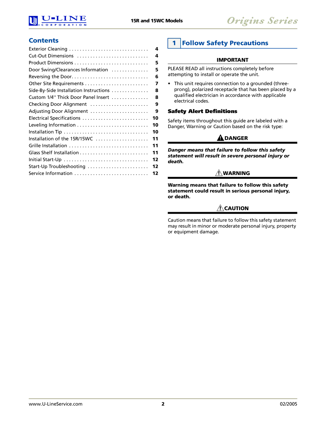 U-Line 15WC, 15R manual Contents, Follow Safety Precautions 